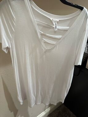 BiBi White Short Sleeve V-Neck Top with Ladder Back Straps